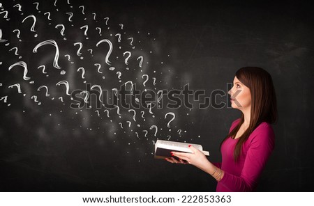 Confused woman reading a book with question marks coming out from it