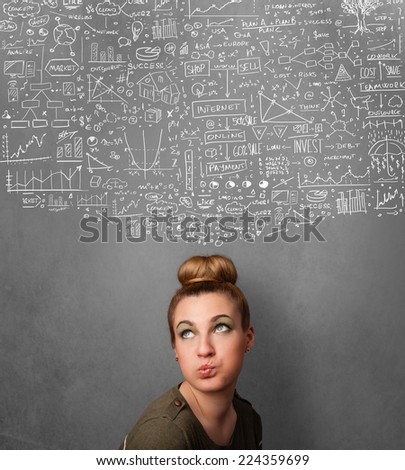 Thoughtful young woman with sketched charts over her head