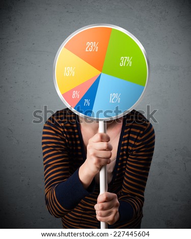 Young lady holding a colorful pie chart in front of her head