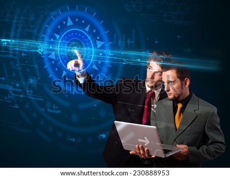 Tech people pressing high technology control panel screen concept