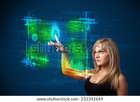 Businesswoman pressing modern technology panel with finger print reader