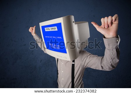 Person with a monitor head and fatal error blue screen on the display