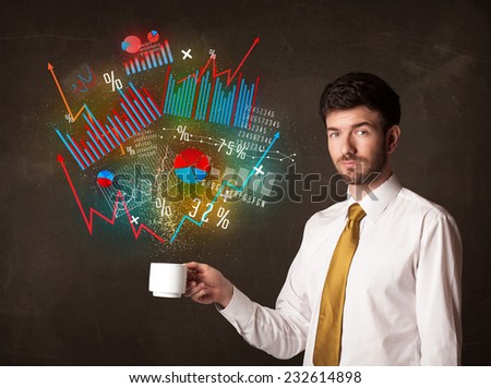 Businessman standing and holding a white cup with diagrams and graphs coming out of the cup