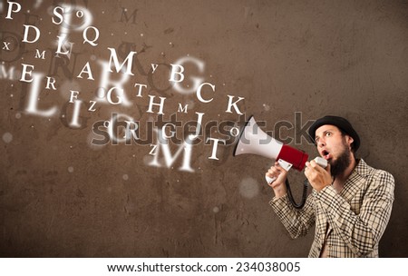 Man in shirt shouting into megaphone and abstract text come out