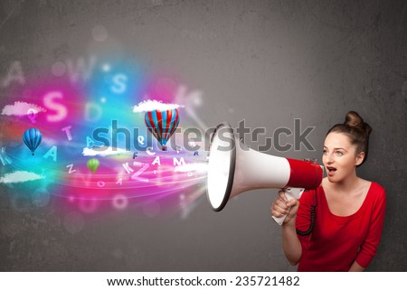 Cute girl shouting into megaphone and abstract text and balloons come out