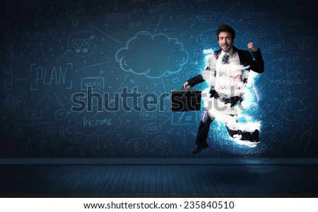 Happy business man jumping with storm cloud around him concept