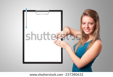 Beautiful young girl holding black folder with white sheet copy space