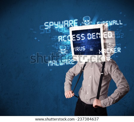 Monitor head person with hacker type of signs on the blue screen