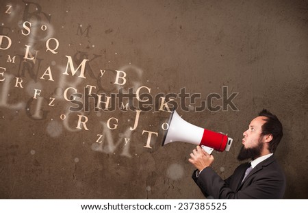Man in shirt shouting into megaphone and abstract text come out