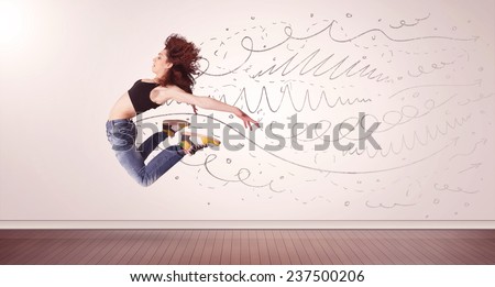Pretty woman jumping with hand drawn lines and arrows come out concept