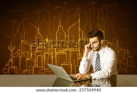 Businessman sitting at the black table with hand drawn buildings and numbers on the background