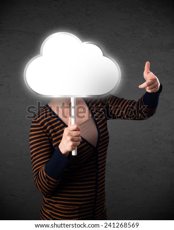 Young lady standing and hiding his head behind an empty cloud