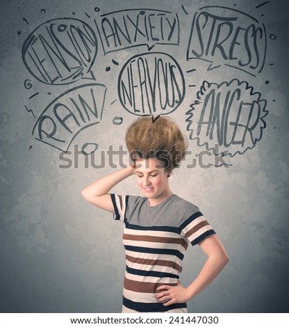 Mad young woman with extreme haisrtyle and speech bubbles concept on background