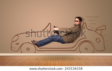 Happy man driving an hand drawn car on the wall concept