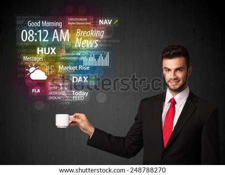 Businessman standing and holding a white cup with daily news and information coming out of the cup