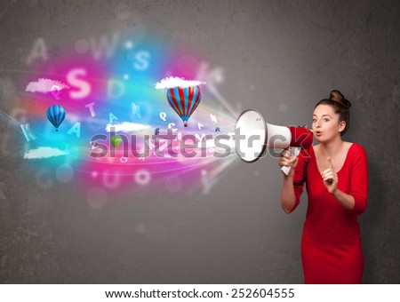 Cute girl shouting into megaphone and abstract text and balloons come out
