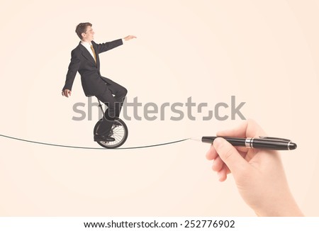 Businessman riding monocycle on a rope drawn by hand concept