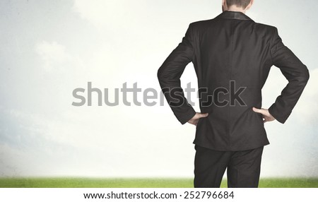 Businessman from the back in front of an empty meadow