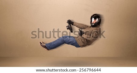Happy funny man driving a flying car concept on background