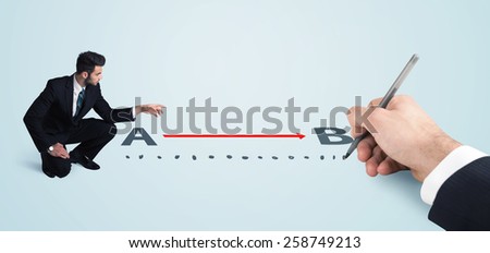 Businessman looking at red line from a to b drawn by hand concept on background