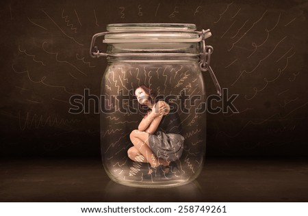 Businesswoman inside a jar with powerful hand drawn lines concept on bakcground