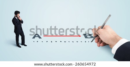 Businessman looking at red line from a to b drawn by hand concept on background