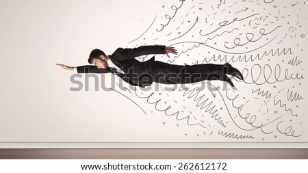 Business man flying with hand drawn lines comming out concept