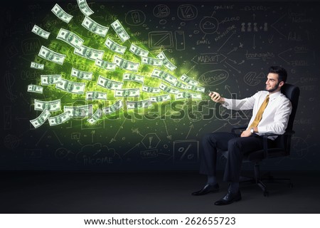 Businessman sitting in chair holding tablet with dollar bills coming out concept on background
