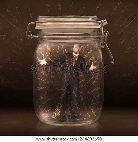 Businessman inside a jar with powerful hand drawn lines concept on bakcground