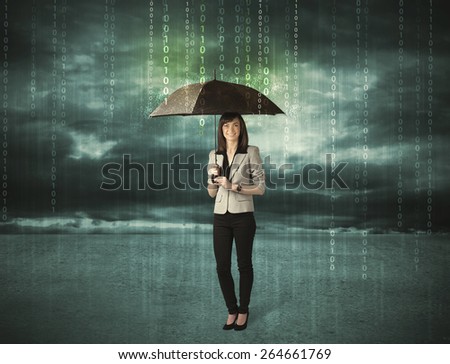 Business woman standing with umbrella data protection concept on background