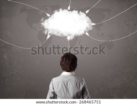 Young man looking at cloud transfer world service concept