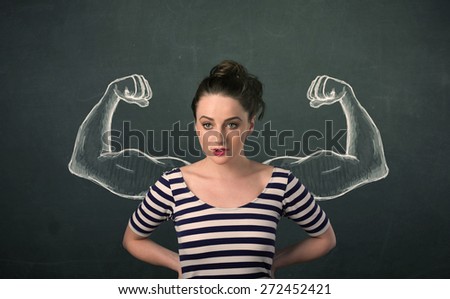 Pretty young woman with sketched strong and muscled arms
