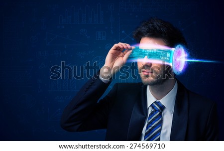 Man from future with high tech smartphone glasses concept