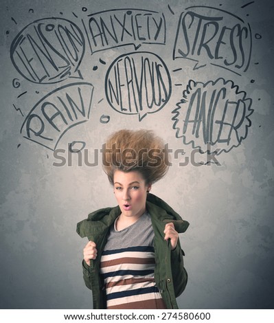 Mad young woman with extreme haisrtyle and speech bubbles concept on background