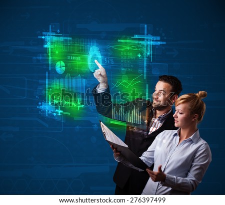 Business couple pressing modern technology panel with finger print reader