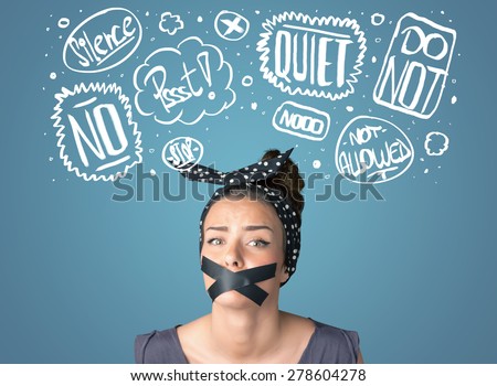 Young woman with taped mouth and white drawn thought clouds around her head