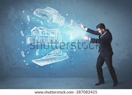 Rich person throwing hand drawn car yacht and house concept