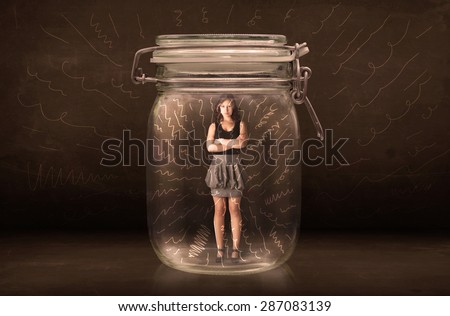 Businesswoman inside a jar with powerful hand drawn lines concept on bakcground