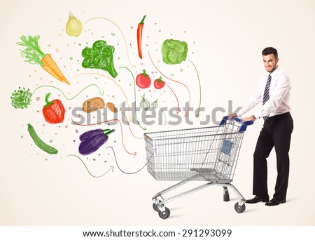 Businessman pushing a shopping cart and healthy vegetables coming out of it