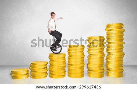 Business man riding monocycle up on coin graph concept on background