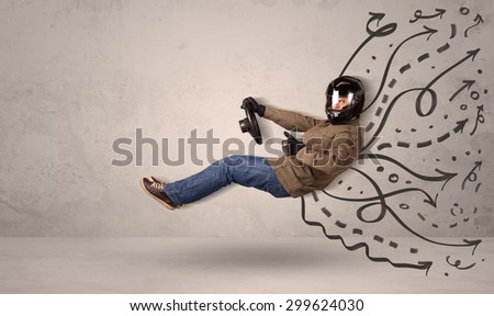Funny man driving a flying vehicle with hand drawn lines after him concept