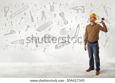 Construction worker planing with hand drawn tool icons on background