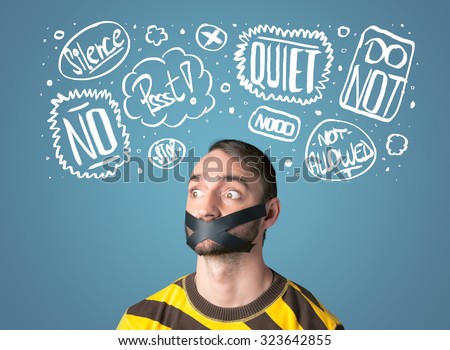 Young man with taped mouth and white drawn thought clouds around his head