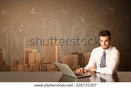 Businessman sitting at the black table with buildings and measurements on the background