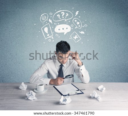 A confused office worker in trouble  making silly face using magnifying glass with illustrated question mark bubbles concept
