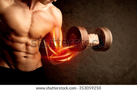 Fit bodybuilder lifting weight with red muscle concept on background