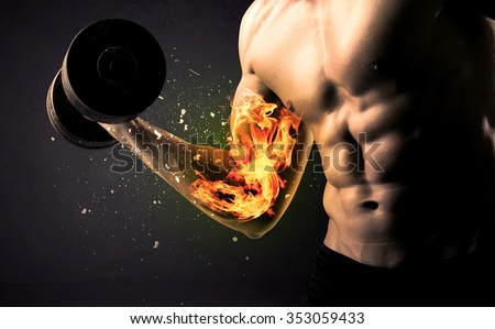 Bodybuilder athlete lifting weight with fire explode arm concept on background