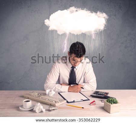 An elegant office worker is having a bad day while working, illustrated by a white cloud above his head with heavy rain and thunder concept