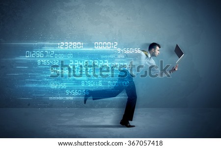 Business man running with media device and high tech wireless data concept on background