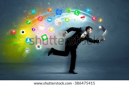 Running businessman with colorful application icons from media device